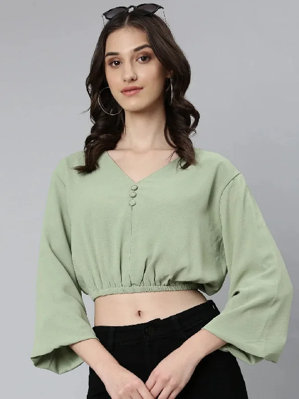 Women Sea Green Solid Blouson Crop Top-AE-10772-Seagreen