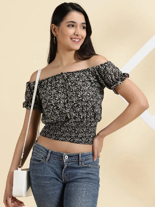 Women's Black Printed Cinched Waist Crop Top-AE-05109-Black