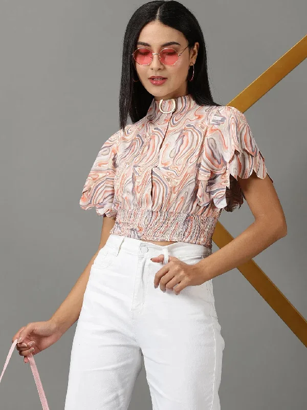 Women's Peach Printed Cinched Waist Crop Top-AE-10605-Peach