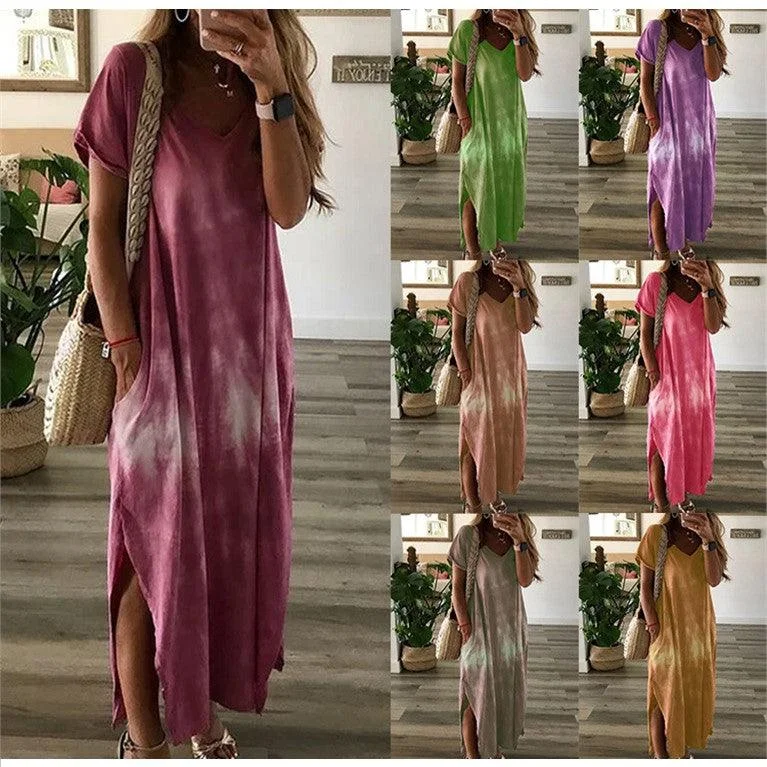 Tie-dye Printed V-neck Pocket Long Dress