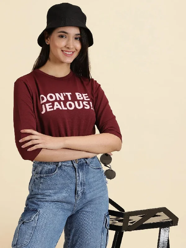 Women's Burgundy Printed Cinched Waist Crop Top-AE-10630-Burgundy