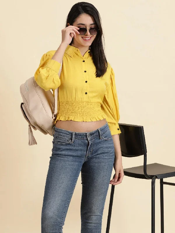 Women's Yellow Solid Cinched Waist Crop Top-AE-10626-Yellow