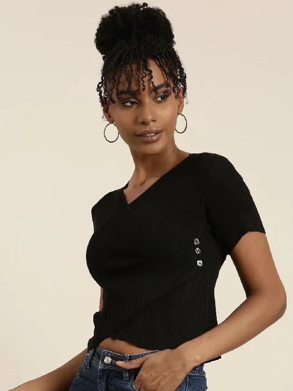 Women Black Solid Wrap Crop Top-OC-8736-Black