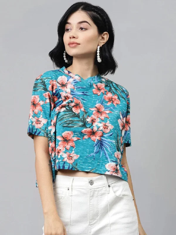 Blue Floral Boxy Crop Top