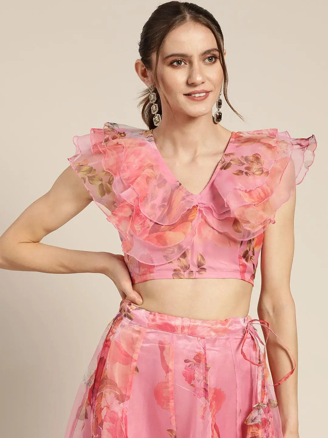 Women Pink Organza Floral Crop Top