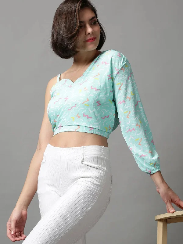 Women's Green Printed Crop Top-AE-10405-Seagreen