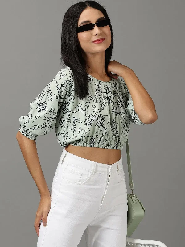 Women's Sea Green Printed Styled Back Crop Top-AE-10211-Seagreen