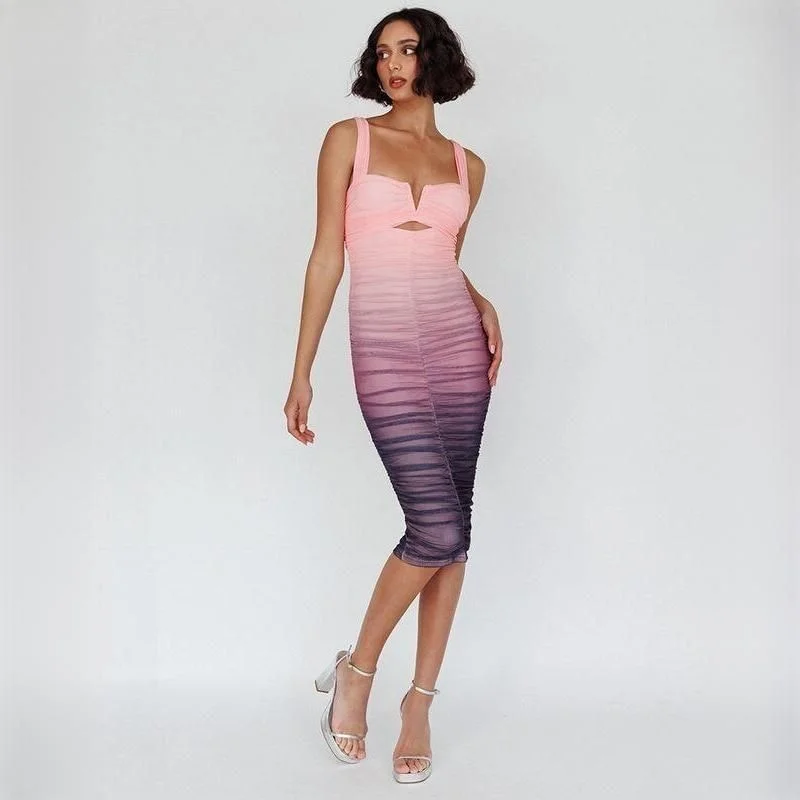 Chic Gradient Mesh Backless Bodycon Midi Dress