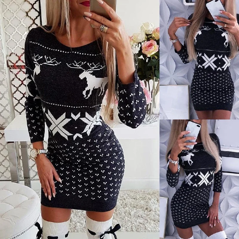 Christmas digital printing tight-fitting hip dress, long-sleeved thin T-shirt and skirt