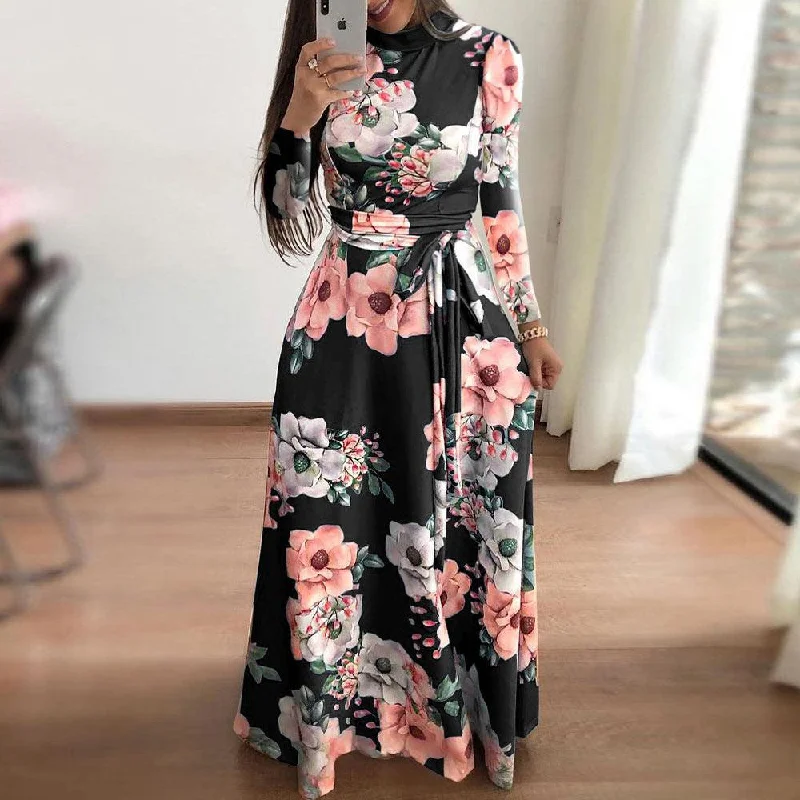 New Style European And American Style Flower Print Short-sleeved Big Dress Women