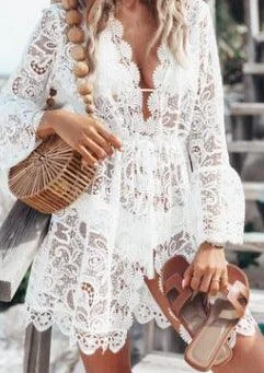 Sexy Resort Style Lace Long Sleeve V-Neck Dress