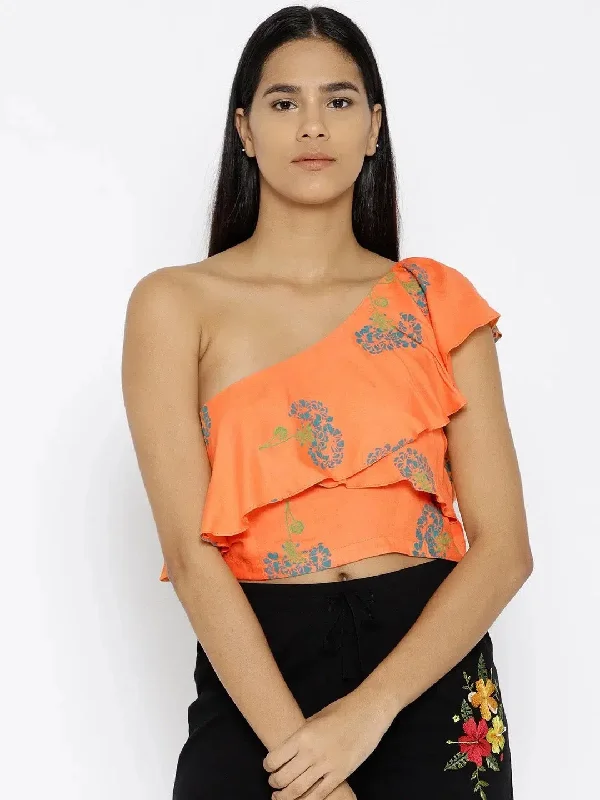 One shoulder frill printed crop top in Peach