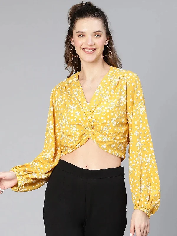 Women Yellow Floral Print Gathered Pleate Polyester Crop Top-S23041WBL002