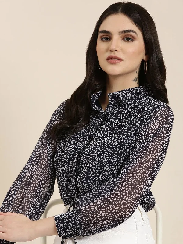 Women Navy Blue Printed Shirt Style Crop Top-AE-7094-Navyblue