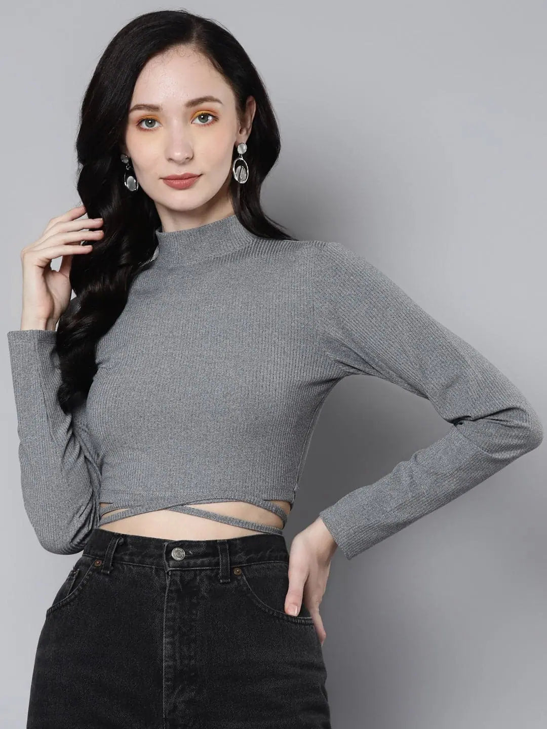 Women Light Grey Rib Waist Tie Crop Top