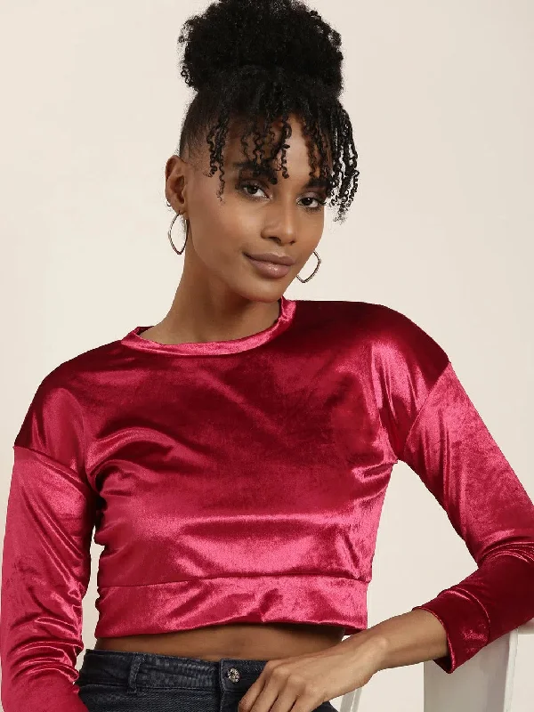 Women Red Solid Blouson Crop Top-AE-10666-Red