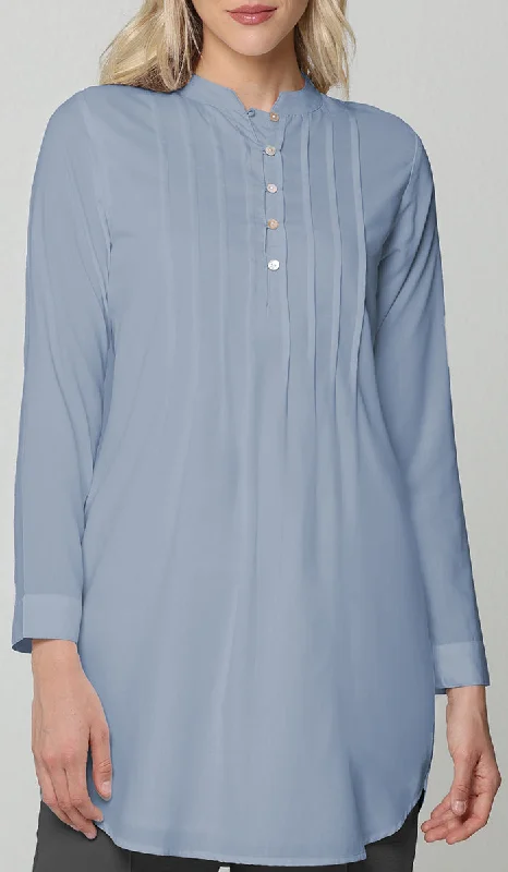 Hurin Pleated Mostly Cotton Button Down Tunic Dress - Denim Blue - PREORDER (ships in 2 weeks)