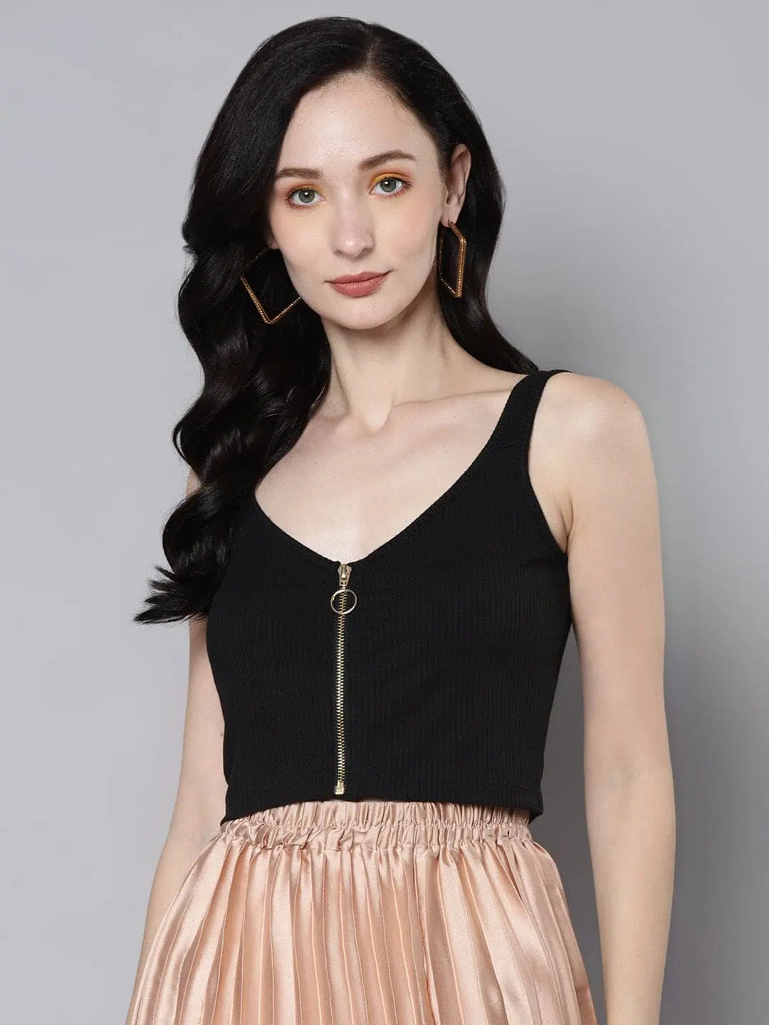 Women Charcoal Rib Front Zipper Crop Top