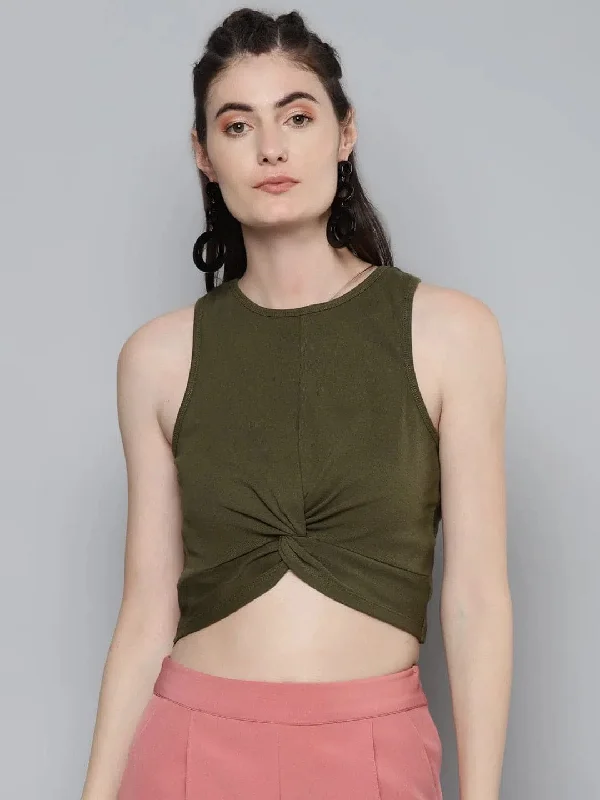 Olive Front Knot Crop Top