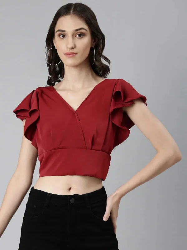 Women Maroon Solid Styled Back Crop Top-AE-10669-Maroon