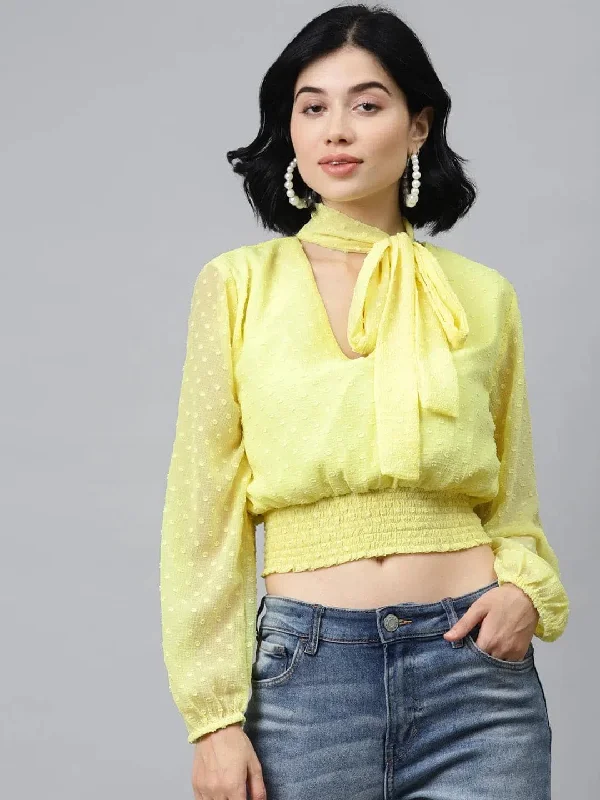 Yellow Front Bow Smocking Crop Top