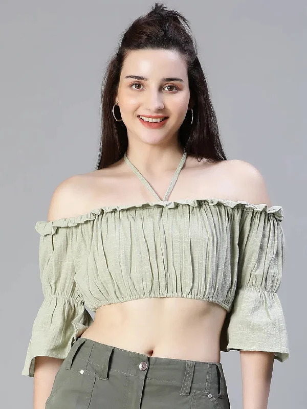 Women Light Green Ruffle Off -Shoulder Halter Crop Top-S23112WBL002