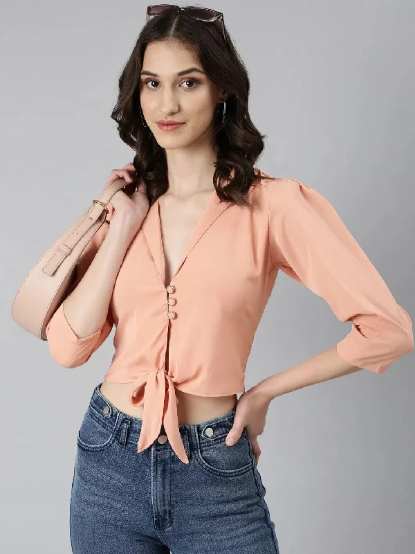 Women Peach Solid Shirt Style Crop Top-AE-10742-Peach