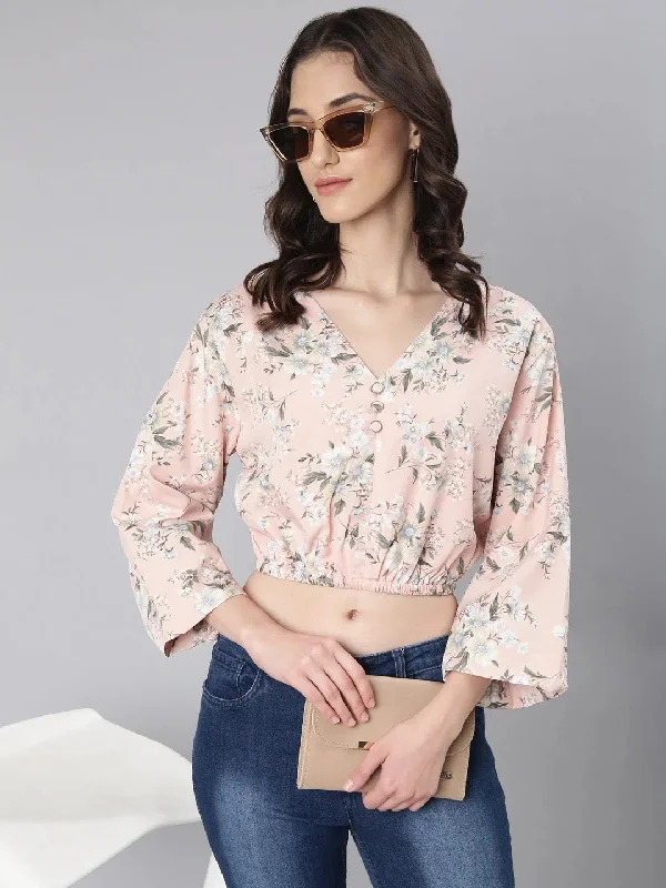 Women Peach Floral Blouson Crop Top-AE-10771-Peach