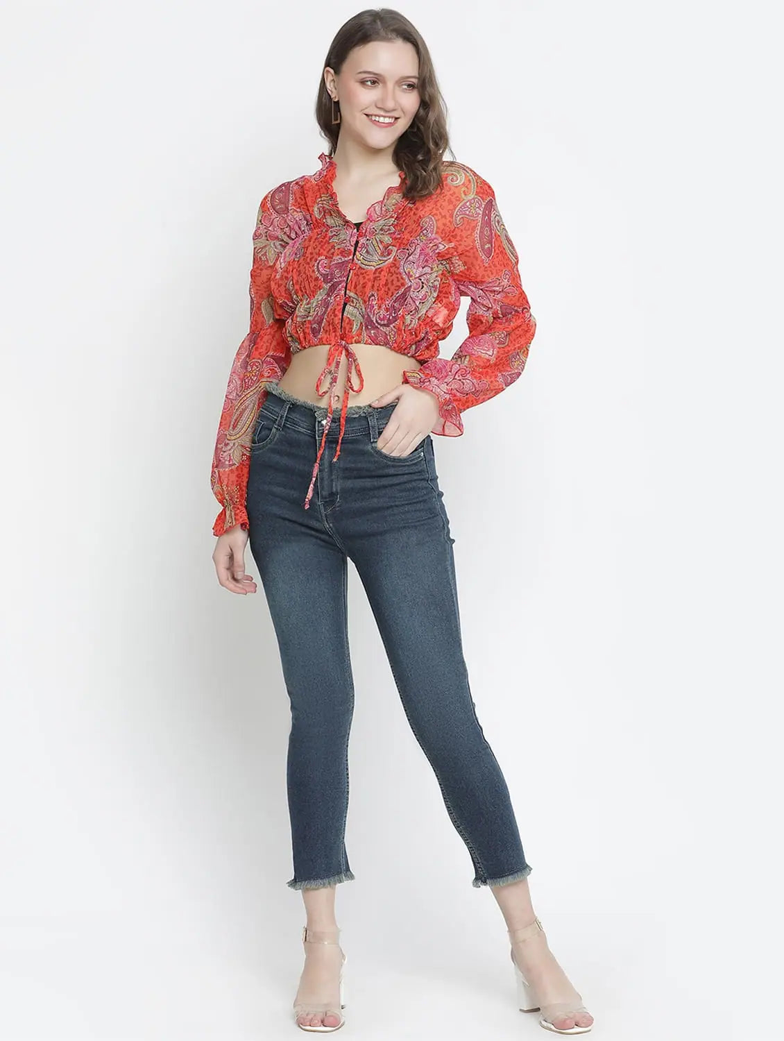 Luminious Orange Printed Women Crop Top