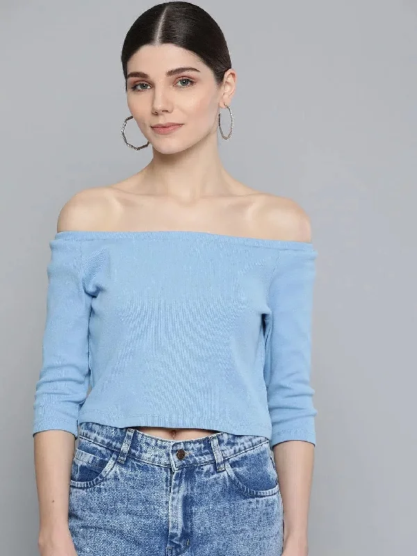 Blue Bardot Crop Top