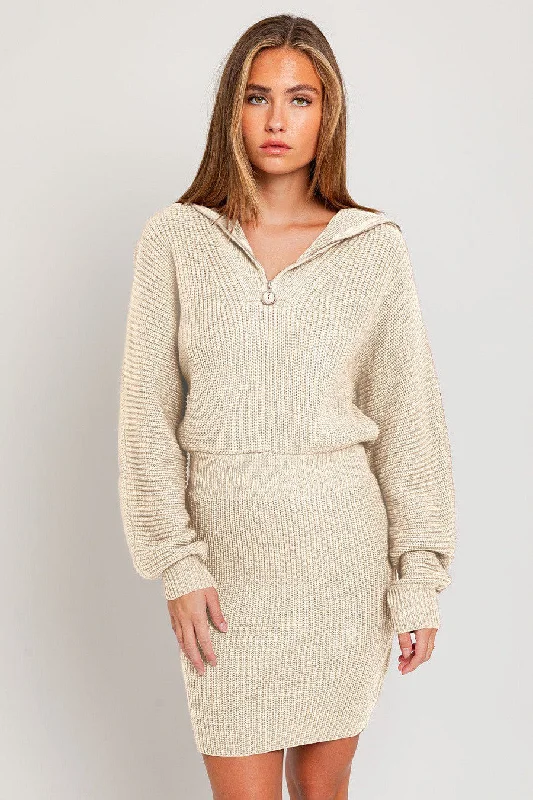 Cream Zipper Sweater Dress