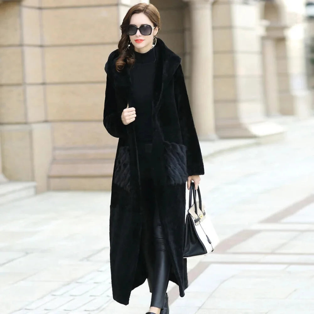 Double-faced Fur Style Mink Fur Hooded Winter Long Coat for Women