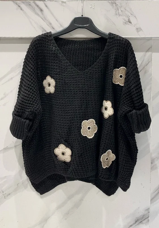 Flower Front Loose Knit Sweater