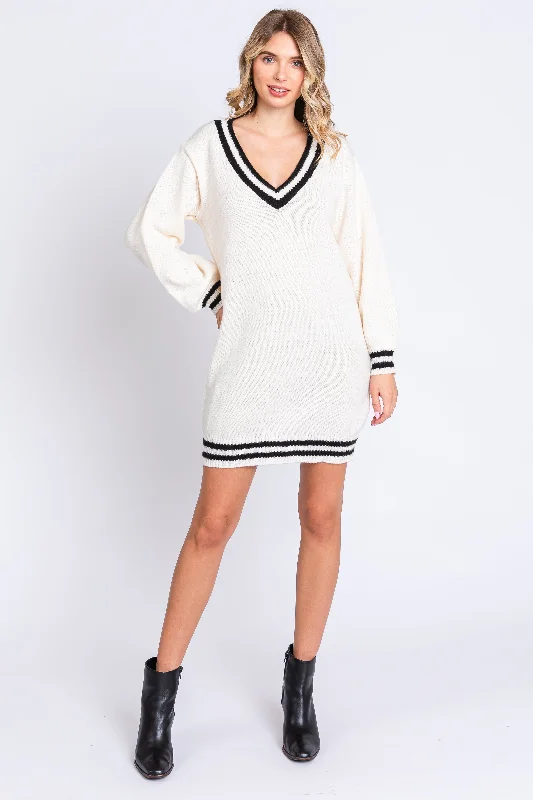 Ivory Oversized Varsity Striped V-Neck Sweater Dress