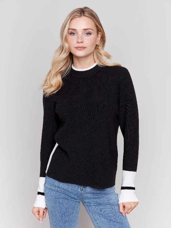 Plushy Knit Crew Neck Sweater With Slit