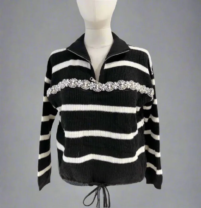 Stripe Pearl Front Sweater