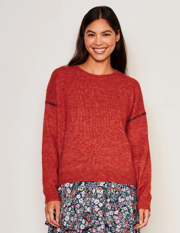 Sundry Baseball Stitch Crew Neck Sweater in Red Rock