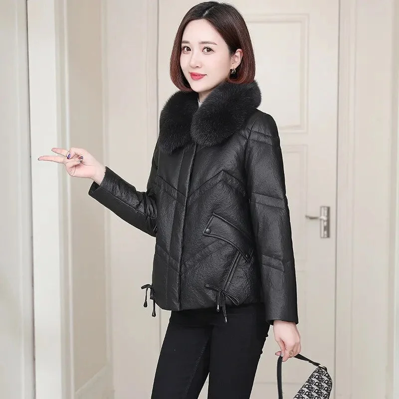 Women’s Genuine Leather Down Fox Fur Collar Zipper Winter Coat