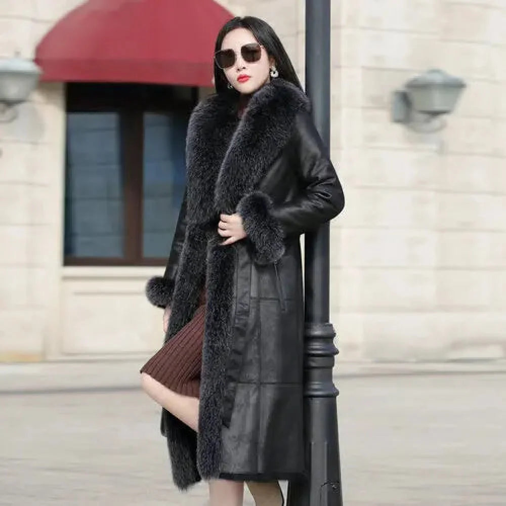 Women's Black Korean Style Double-Faced Fur Winter Fox Fur Collar Jacket