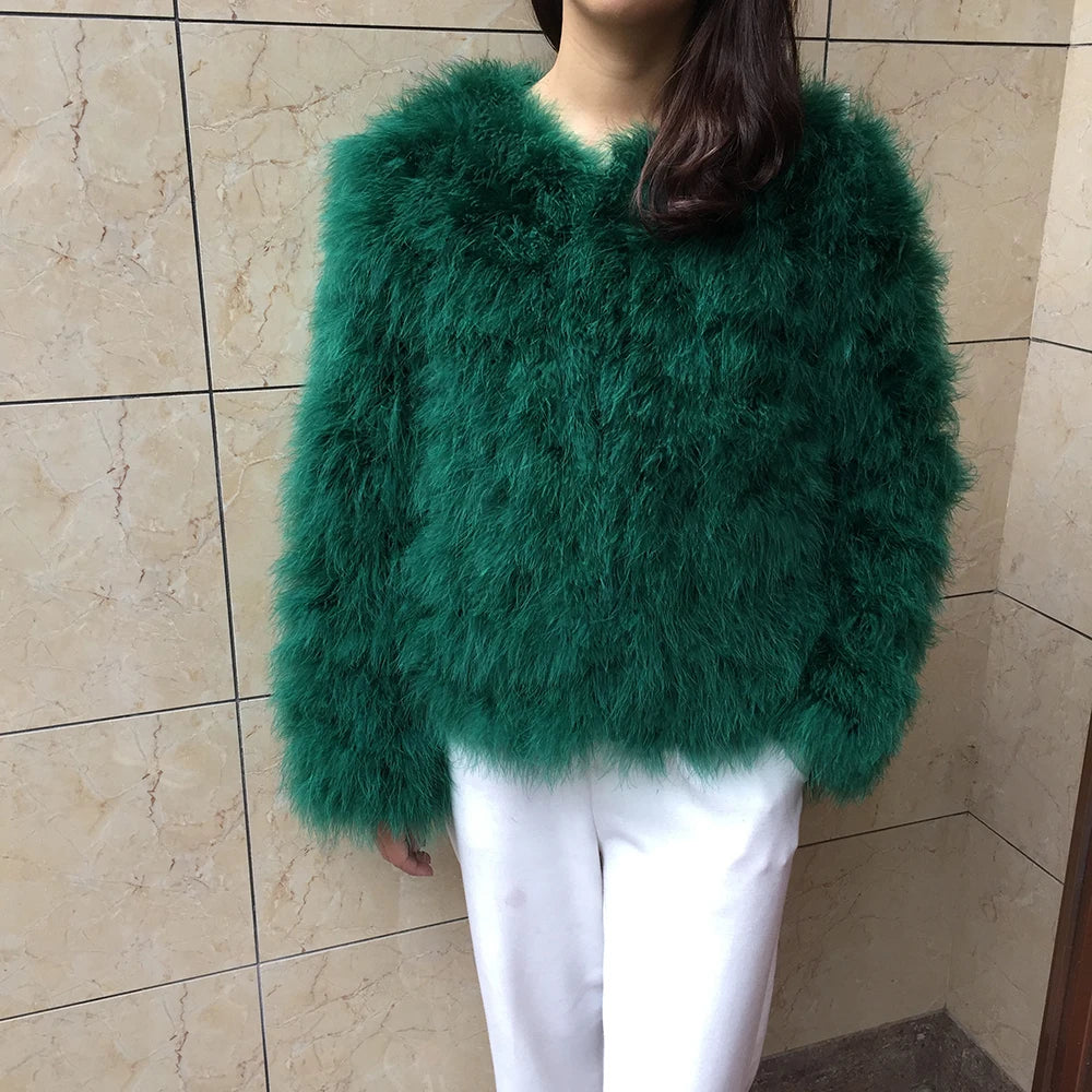 Women's Casual Green Furry Long Sleeve Short Winter Party Jacket