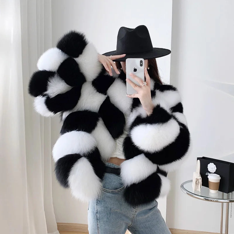 Women's Fluffy Real Fox Fur Black White Lattice Pattern Short Winter Jacket