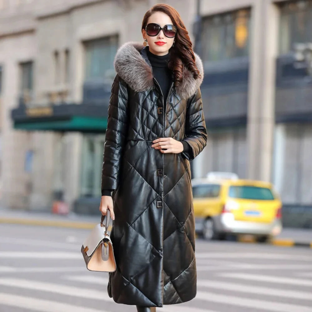 Women's Genuine Sheepskin Leather Hooded Fox Fur Collar Long Winter Coat