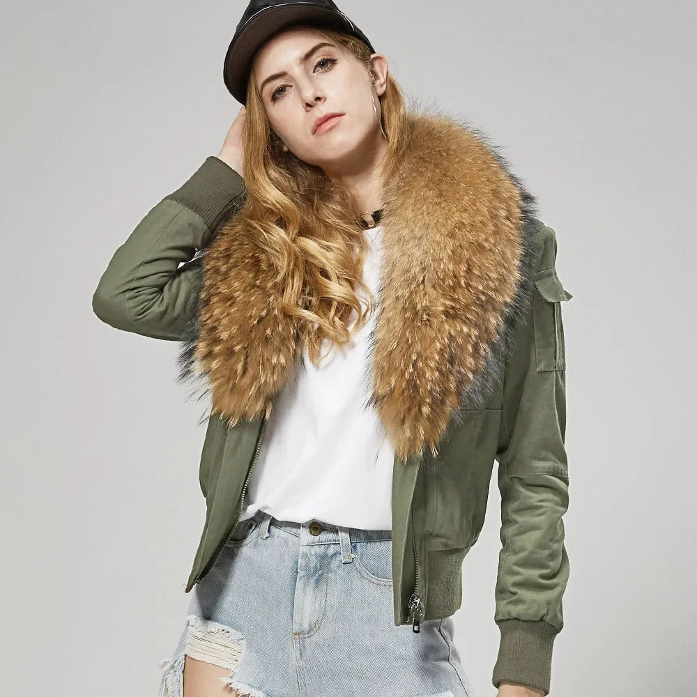 Women's High Street Solid Pattern Cotton Raccoon Fur Collar Winter Jacket