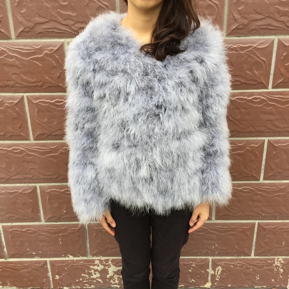 Women's Light Gray Furry Long Sleeve Casual Short Winter Jacket