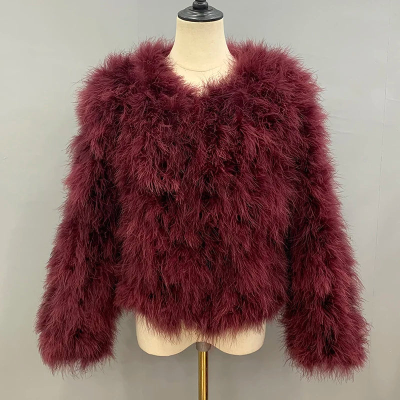 Women's Wine Red Furry Long Sleeve Casual Short Winter Jacket