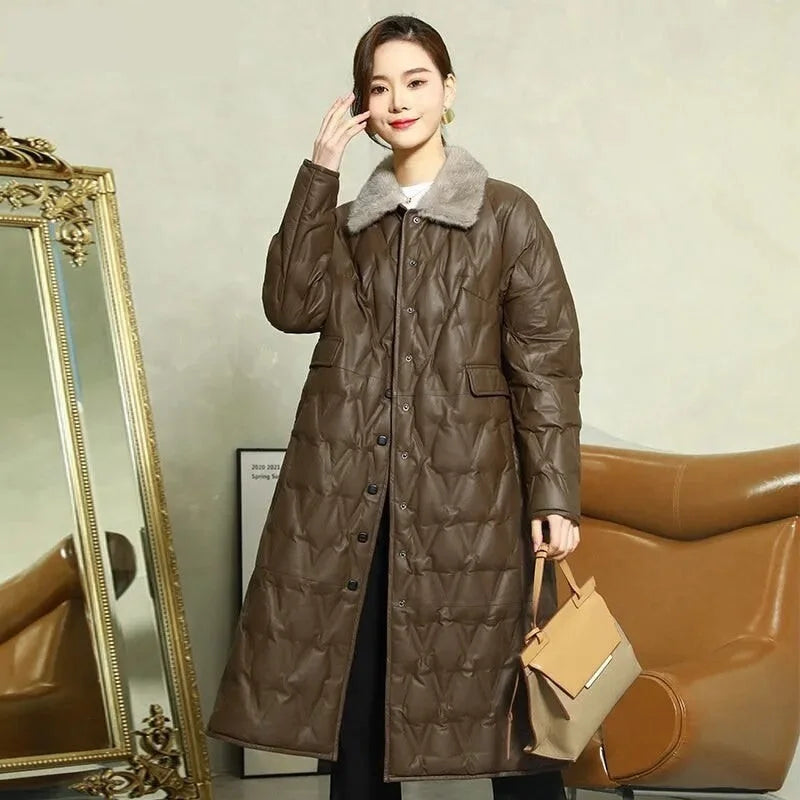 Women's Winter Warm Fur Collar Sheepskin Leather Button Long Coat