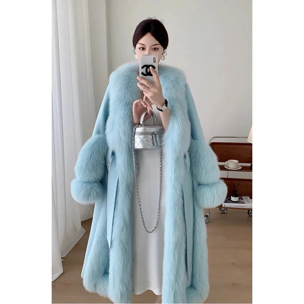 Women's Winter Warm Real Wool Goose Down Fur Long Overcoat