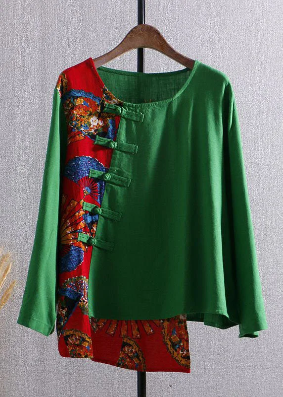 Bohemian Green Print Asymmetrical Button Patchwork Cotton Top Long Sleeve