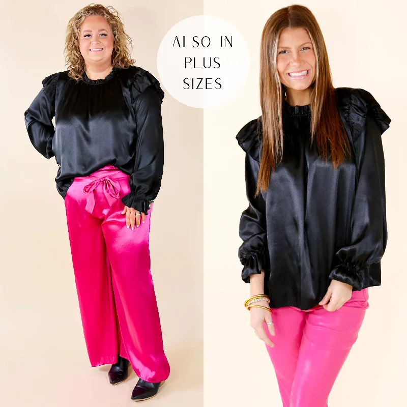 Can't Stop Me Ruffle Mock Neck Long Sleeve Satin Top in Black