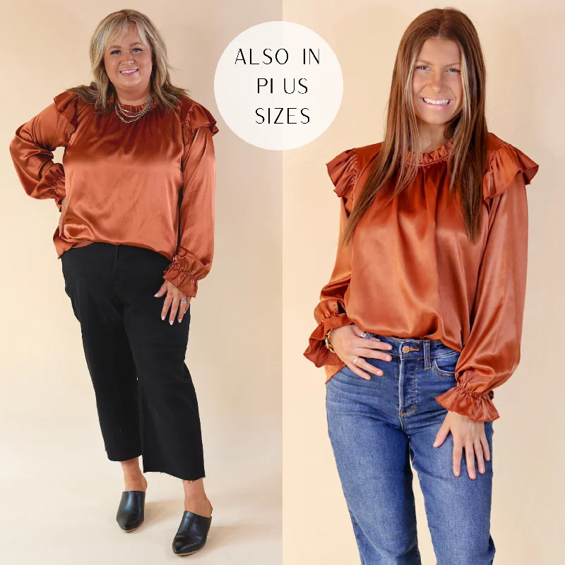 Can't Stop Me Ruffle Mock Neck Long Sleeve Satin Top in Rust Brown